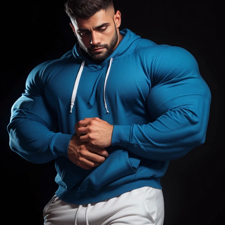 a man, short hair, wearing a simple blue sweatshirt with long sleeves, big beautiful eyes, massively muscular, massively large muscles, massively large biceps, on a black background