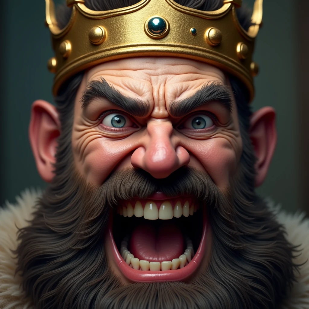 "A hyper-realistic close-up depiction of a king's face, with a thick beard and a golden crown. The king's head is slightly tilted back, his eyes narrowed in a superior gaze, and his mouth is wide open in a condescending laugh. The background is softly blurred, focusing on the king's regal and mocking features."