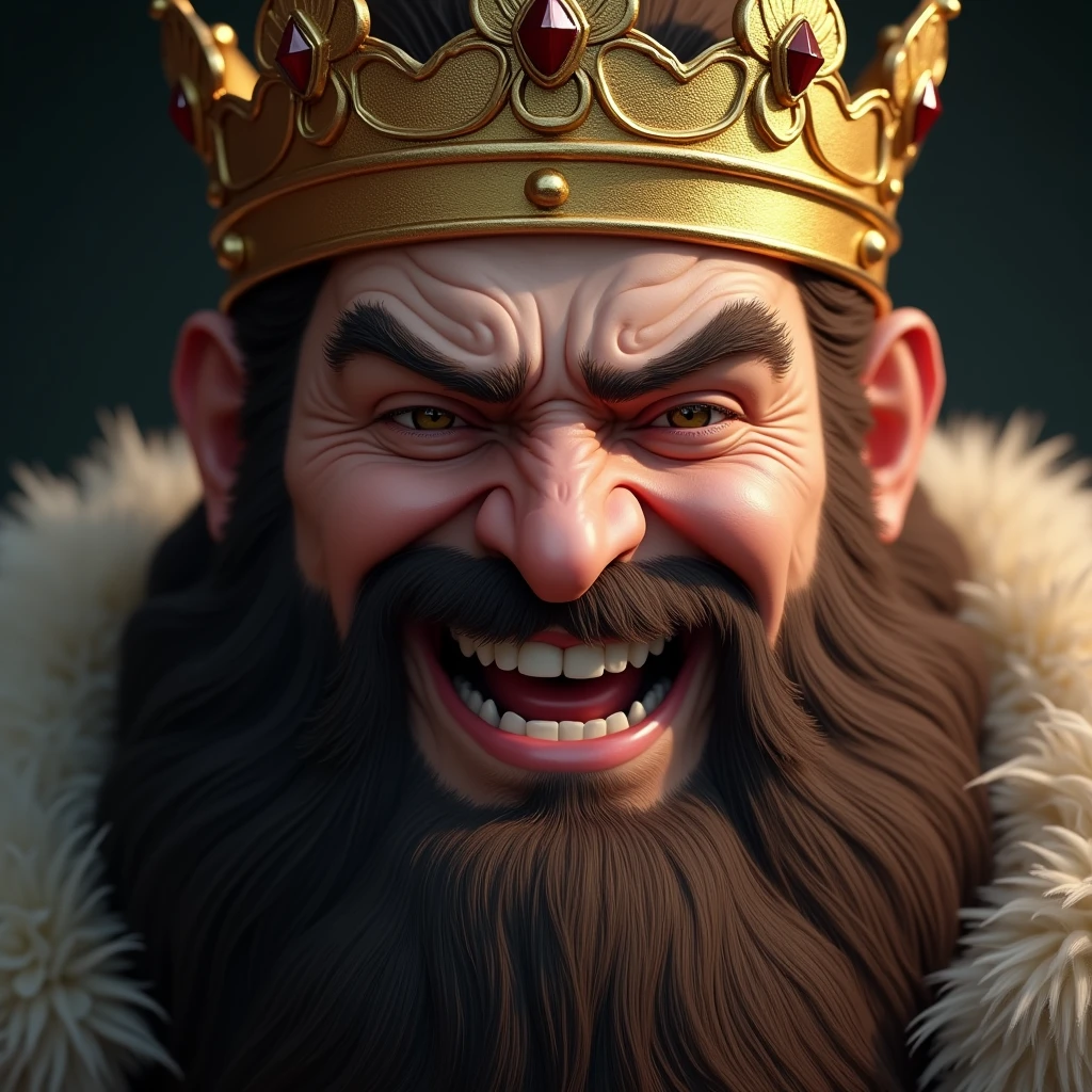 "A hyper-realistic close-up depiction of a king's face, with a thick beard and a golden crown. The king's head is slightly tilted back, his eyes narrowed in a superior gaze, and his mouth is wide open in a condescending laugh. The background is softly blurred, focusing on the king's regal and mocking features."