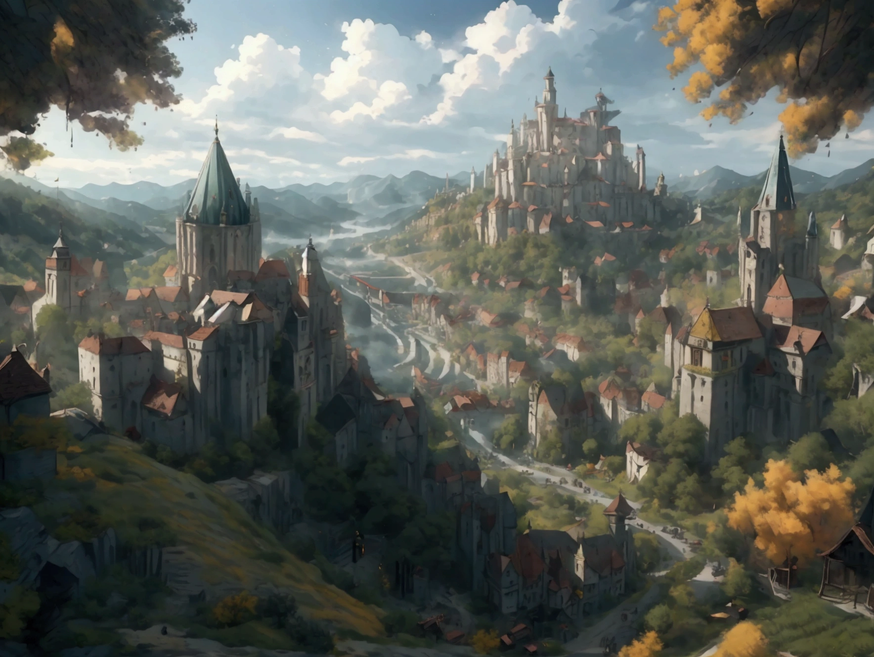 City Vision,Magnificent and luxurious Western fantasy,The city is surrounded by forests,The time is daylight,Medieval European city,Very beautiful city,Cities are concentrated in one area