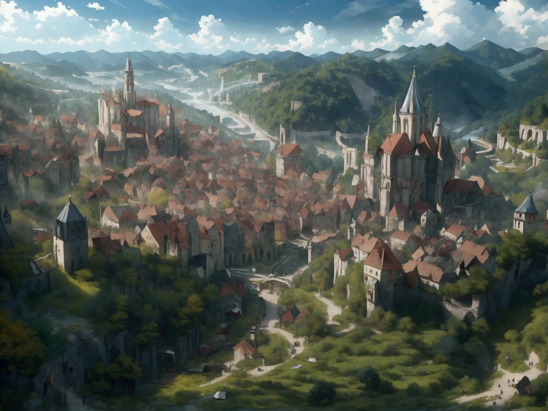 City Vision，Magnificent and luxurious Western fantasy，The city is surrounded by forests，The time is daylight，Medieval European city，Very beautiful city，Cities are concentrated in one area