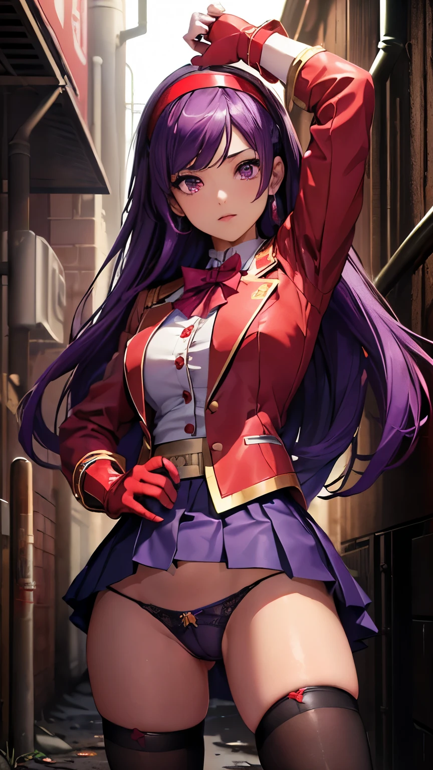 Athena Asamiya，((Beautiful purple long hair，Red headband))，(8k，Realistic，RAW Photos，Highest quality:1.28)，Beautiful Face，Realistic lips，Beautiful and detailed hair，Charm，Intricate details，Very beautiful and detailed eyes，(Red Blazer Uniform，Red gloves on both hands，Pleated mini skirt，Black Tin High Stockings:1.35)，Provocative smile，Intricate details，Supermodel，A pure and righteous super idol，(She teases the thug while removing her panties:1.25)，(Take off your panties:1.27)，Detailed Pixels，Dynamic Angle，((Dark and dirty underground sewer:1.23))，Professional Lighting