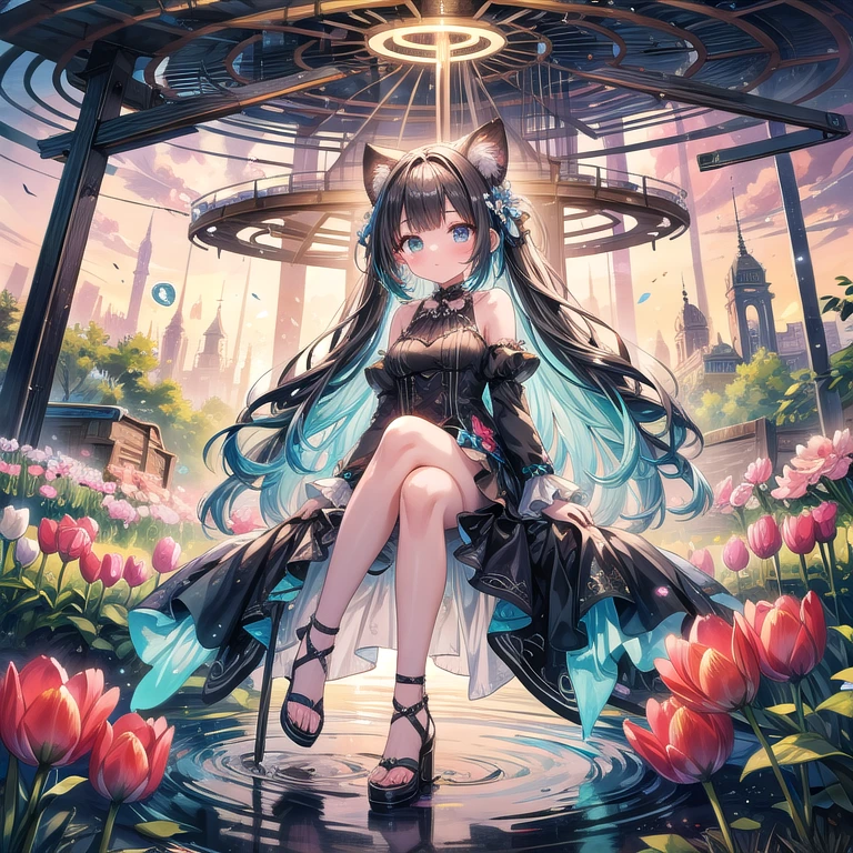 Adorable girl in a vintage dress, sitting on a giant tulip bulb time machine. She's surrounded by a swirling vortex of tulips from different eras - from ancient wild species to futuristic bioluminescent varieties. The background shifts from sepia-toned historical scenes to vibrant futuristic landscapes. Watercolor technique with a blend of muted and vivid colors, creating a nostalgic yet fantastical atmosphere."
