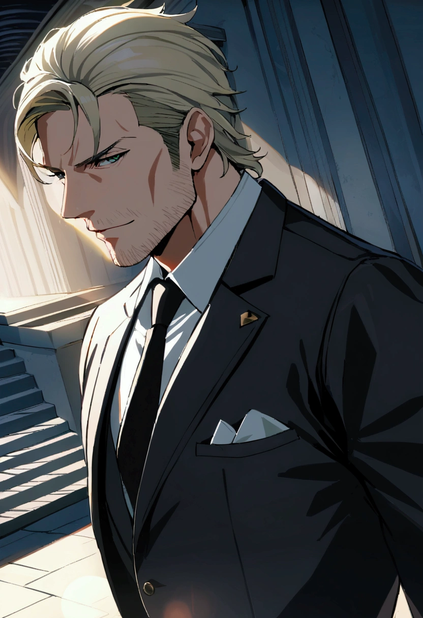 1man, veteran spy agent, handsome mature, business hair with asymmetrical bangs, narrow stubble, green platina blond hair, emerald eyes, 45yo, charming caucasian, ordinary uncle, pentagon shaped, BREAK ideal ratio body proportions, middle weight muscular, beautiful detailed eyes, dark iris, BREAK solo, businessman in black suit, black necktie, white shirt, softly smile, at wall street, detailed background, BREAK upperlegs, dandy posing, dramatic expression, 2000s, visual novel, in newest eroge style, dutch angle, cinematic shadows, cinematic lighting, lens flare, light leaks, texture, absurdres absolutely resolution, extreme all detailed, masterpiece, best quality
