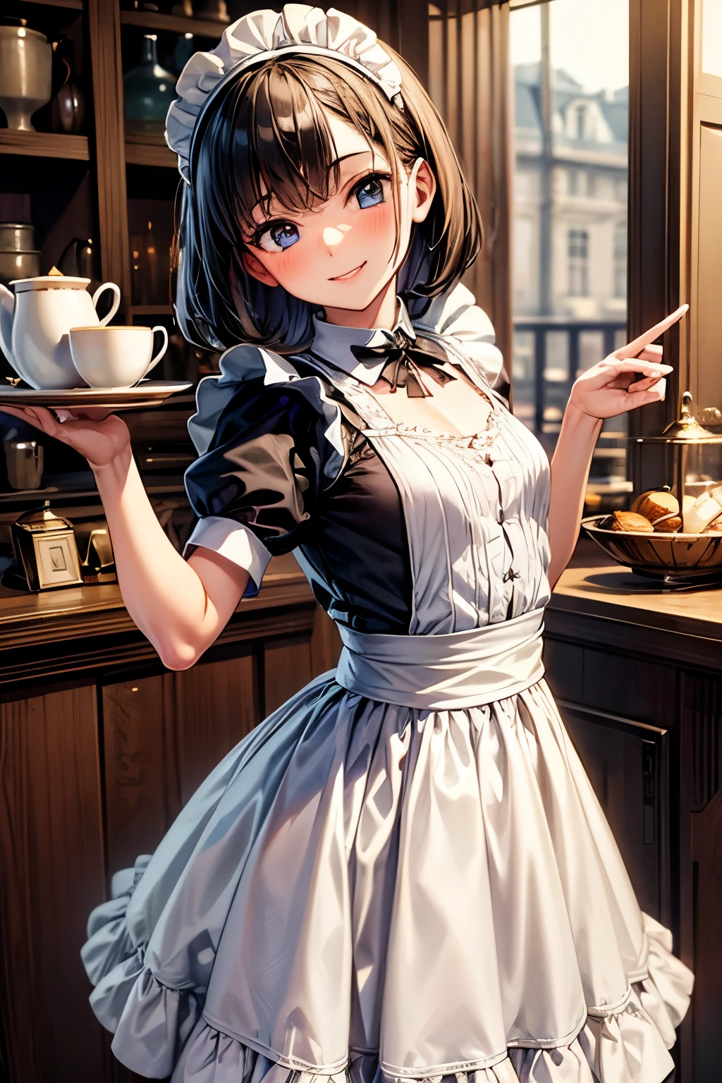 masterpiece,Highest quality,Very detailed,Maid Girl,Maid clothes,Long Skirt, teenager,Perfect Face,smile,Beautiful and detailed eyes,Beautiful Skin,skinny,Small breasts,Dynamic,Antique coffee shop,Dynamic Angles