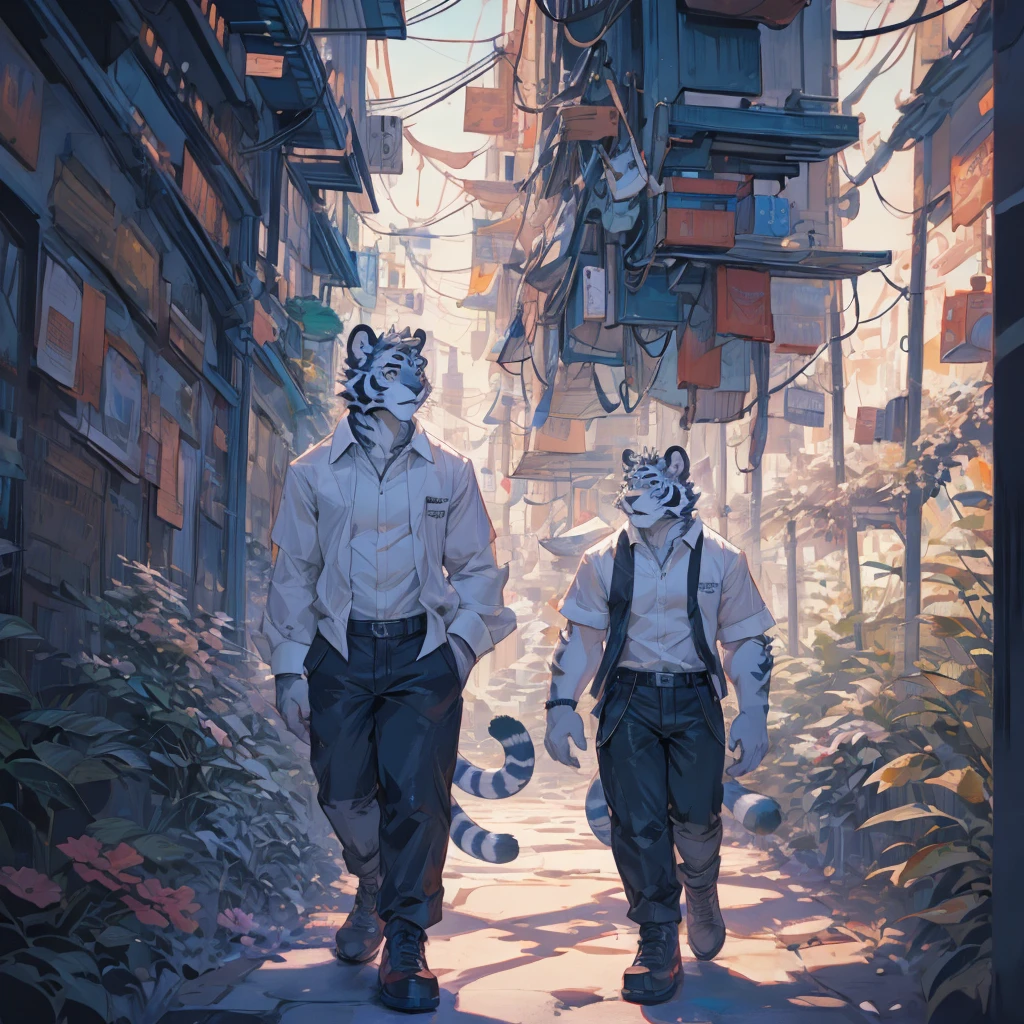 {{bara extremely handsome white tiger,}} {{white fur with fain grey stripes,}} white, professional model like, wearing white shirt and black trousers, white fluffy furry body and limbs, sleek physique, massive pecs, purple eyes, 3/4 view, best quality, pastel, dreamy ethereal atmosphere, garden, daylight, heaven like