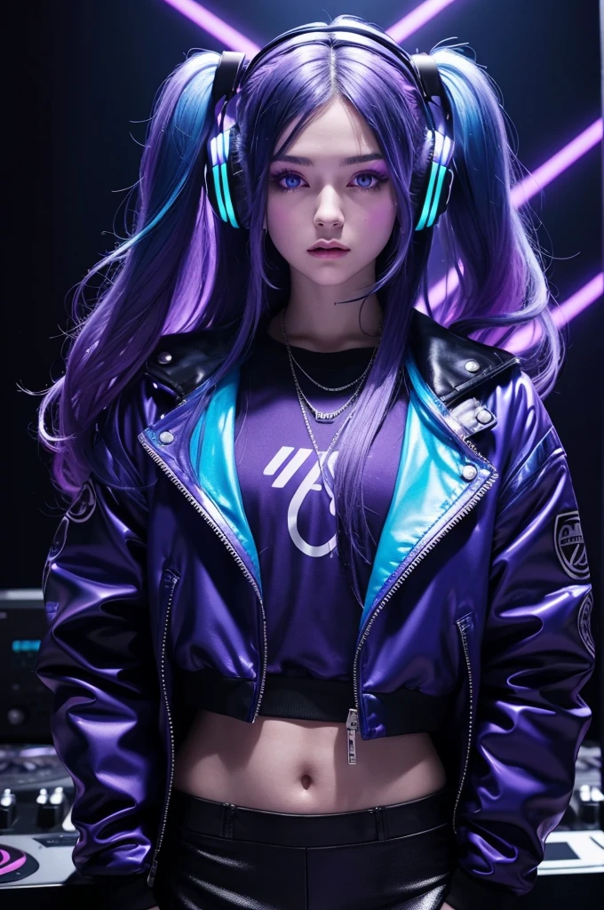 A DJ with long hair in a dark blue and purple gradient, wearing a blue vinyl jacket and a silver skirt. She is in an industrial environment with blue and purple neon lights, silver headphones in her ears as she focuses on the music. Your unique style stands out against the backdrop.
