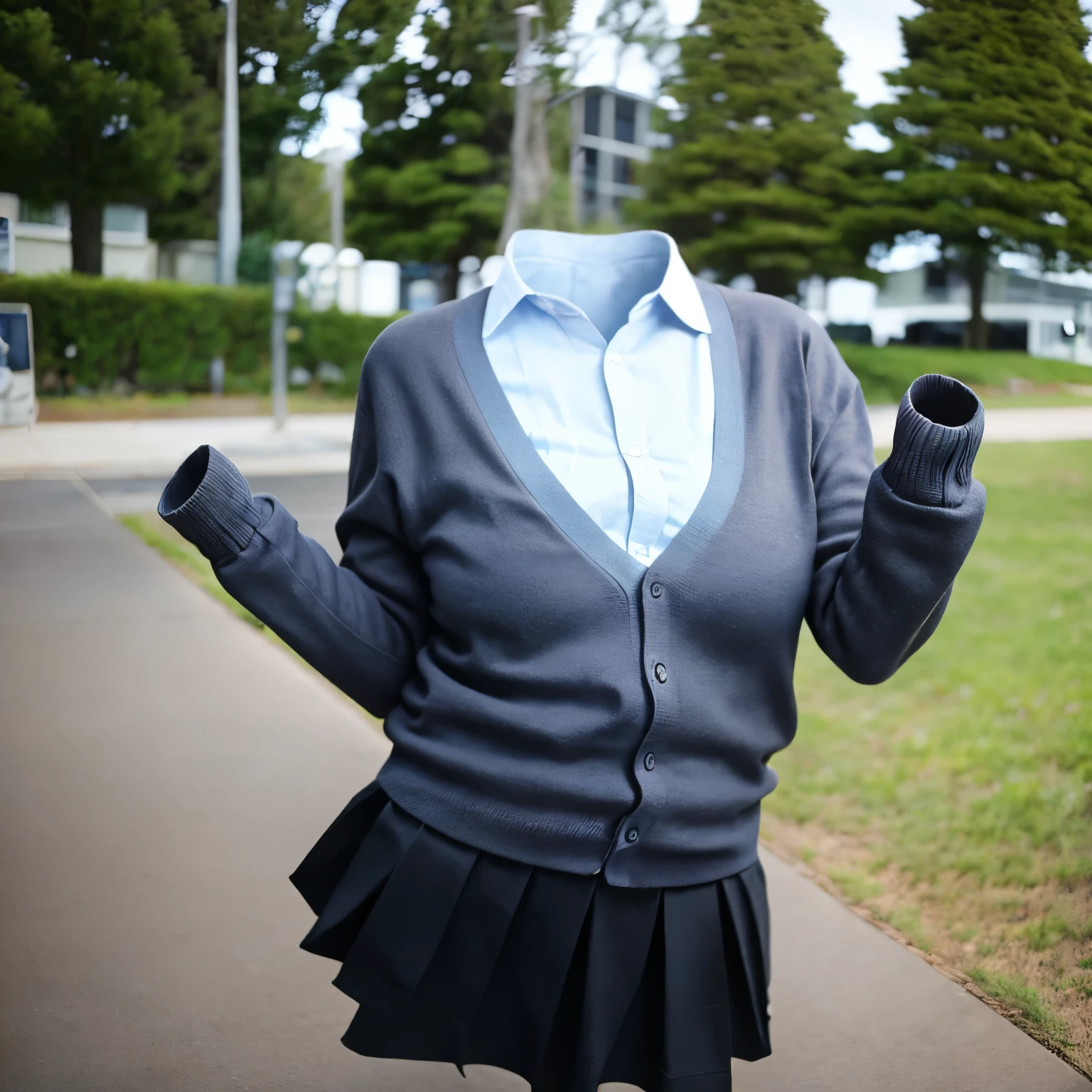 (invisible, no humans, headless, handless, faceless:1.5),cute big breasts, dynamic angle, (cardigan, bowtie:1.3), (school uniform, pleated skirt, black footwear, white socks, loafers, grey skirt, loose socks), high resolution, (8k, RAW photo, best quality, masterpiece:1.2), (realistic, photo-realistic:1.37), photon mapping, radiosity, ((Hasselblad photography)), physically-based rendering