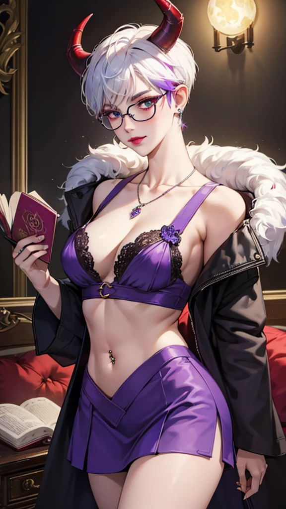 8k, masterpiece, best quality, highly detailed, 1 girl, tiefling, warlock, pixie cut, multicolored hair, very short straight hair red highlight hair on white hair, strippled hair, wearing glasses, round glasses, earrings, navel piercing, red eyeshadow, long eyelashes, blushed cheek, red lips, necklace, rings, collarbone, mole on face, glamorous, teal and purple clothes, miniskirt, smirk, close up view, rings, looking at viewer, demon horns, solo, blue pale moon, standing, royal dress, devil books.