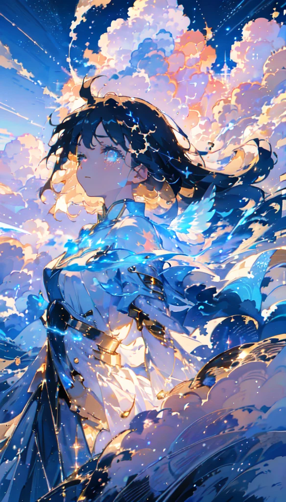 masterpiece, Highest quality, Movie stills, One girl, Floating in the sky, cloud girl, cloud, (close:1.1), , Soft lighting, Volumetric lighting, Bauhaus, shape, OK, Sparkling, Sparkling, Swirl, Abstract, Expressive、tears、One girl, solo,