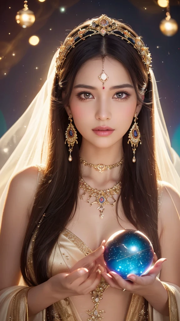 “A realistic depiction of a witch in a dark blue robe and a pointed hat, standing under a crescent moon. The scene is set at night with a cloudy sky, but with a brighter and more cheerful atmosphere. The witch has long, wavy dark hair and a gentle expression. The environment should feel more magical and inviting, with soft glowing lights and a slightly illuminated sky. The image is in a 9:16 aspect ratio.”
