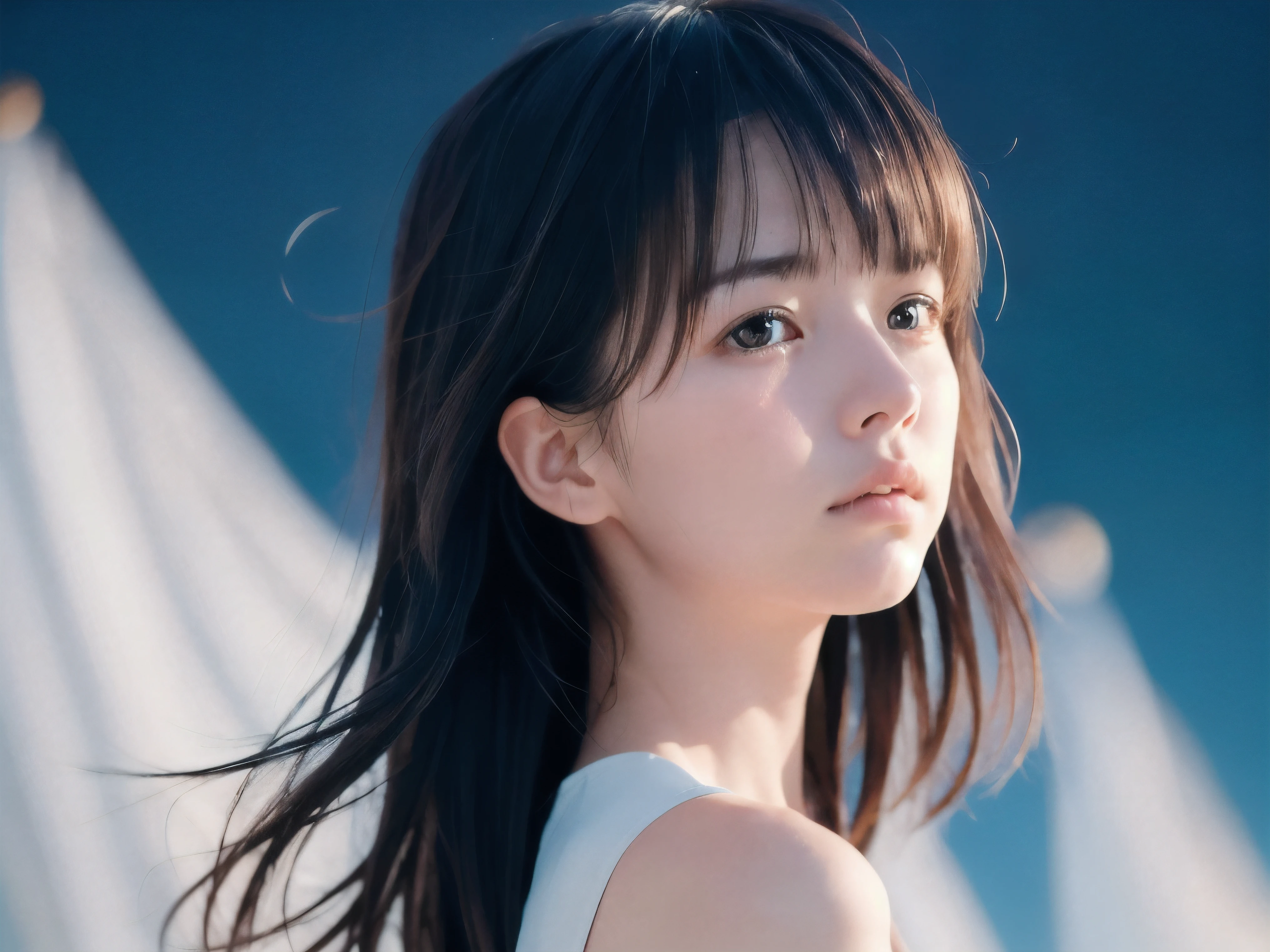 (Close up profile shot of slender small-breasted two side up black medium hair with bangs girl wearing a white summer dress:1.5)、(One girl is turn around and crying face with tears at the cape of the sea in Japan:1.5)、(Beautiful midnight with full moon and stars on the sea:1.5)、(blurred background:1.5)、(Natural light:1.5)、(8k ultra detailed master piece:1.5)、(perfect anatomy:1.5)、(Photorealistic stick:1.5)、(Raw photo:1.3)、(highest quality:1.5)、(High resolution:1.3)、(Delicate and beautiful perfect face:1.3)、(Delicate and beautiful eye air skin:1.3)、(Real Human Skin:1.3)、((thin legs))