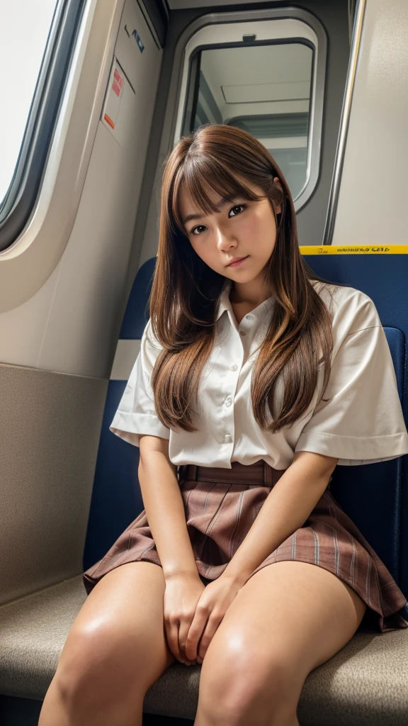 「(masutepiece, High quality, Ultra High Quality, 4K)Light brown hair、28-year-old Japan girl、Uniform skirt、Emphasis on the thighs、white thighhig,Soft thighs、Glossy thighs、Sitting on the train、Face-to-face angle,(Angle from below),Sitting in a train seat,Sitting at the front,Zoom camera in the crotch,Feet are on the floor of the train,full body Esbian,Looking down and sleepy,Watching the viewer only」,light brown hair, Best Quality, Ultra high definition, (Photorealistic:1.4),, High resolution, detail, Raw photo, Sharp Re, Nikon D850 Film Stock Photo by Lee Jefferies 4 Kodak Portra 400 Camera F1.6 lens rich colors hyper realistic lively textures dramatic lighting unreal engine artstation trends cinestir 800,
