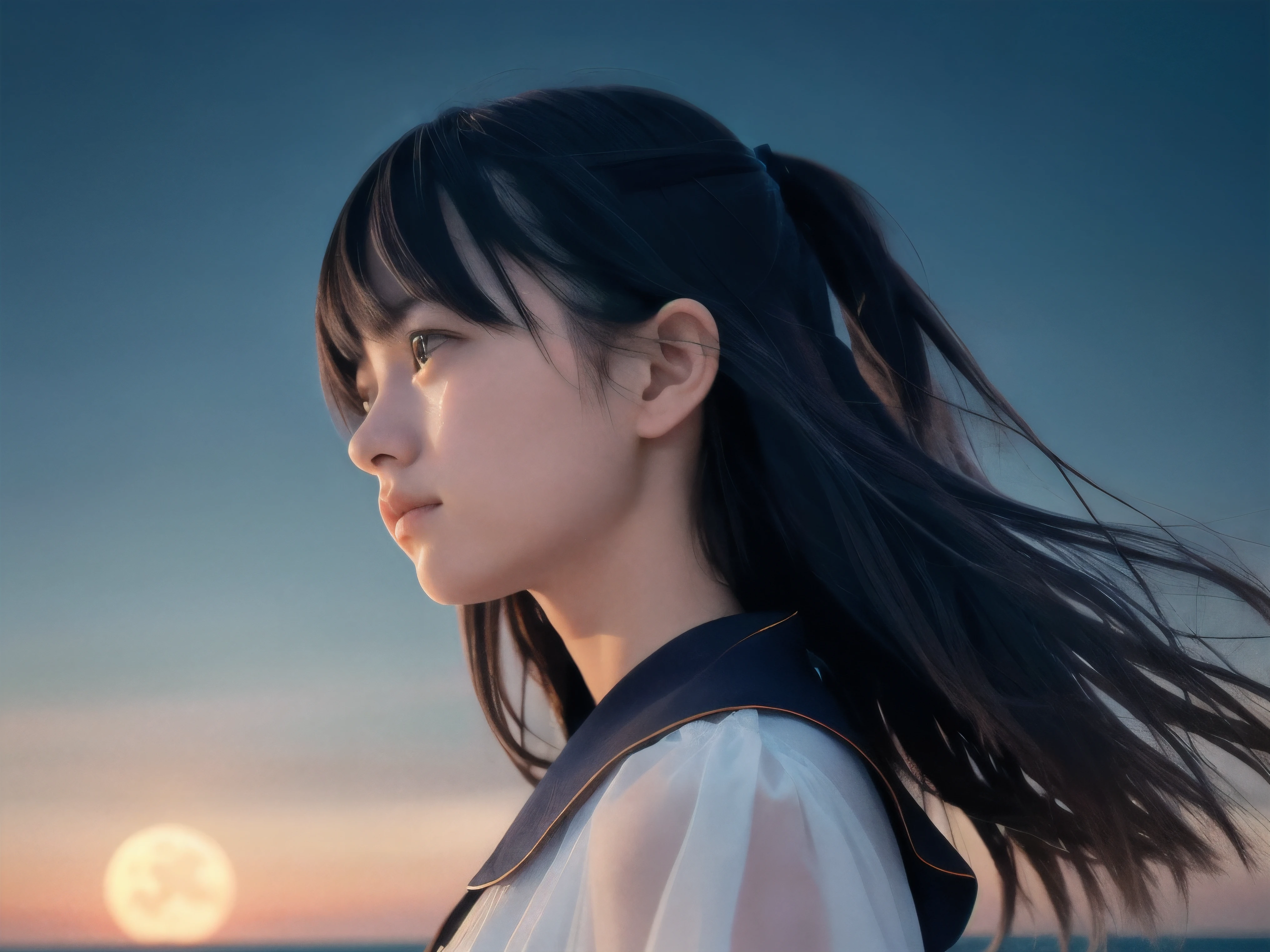 (Close up profile shot of slender small-breasted two side up black medium hair with bangs girl wearing a white summer dress:1.5)、(One girl is turn around and crying face with tears at the cape of the sea in Japan:1.5)、(Beautiful midnight with full moon and stars on the sea:1.5)、(blurred background:1.5)、(Natural light:1.5)、(8k ultra detailed master piece:1.5)、(perfect anatomy:1.5)、(Photorealistic stick:1.5)、(Raw photo:1.3)、(highest quality:1.5)、(High resolution:1.3)、(Delicate and beautiful perfect face:1.3)、(Delicate and beautiful eye air skin:1.3)、(Real Human Skin:1.3)、((thin legs))