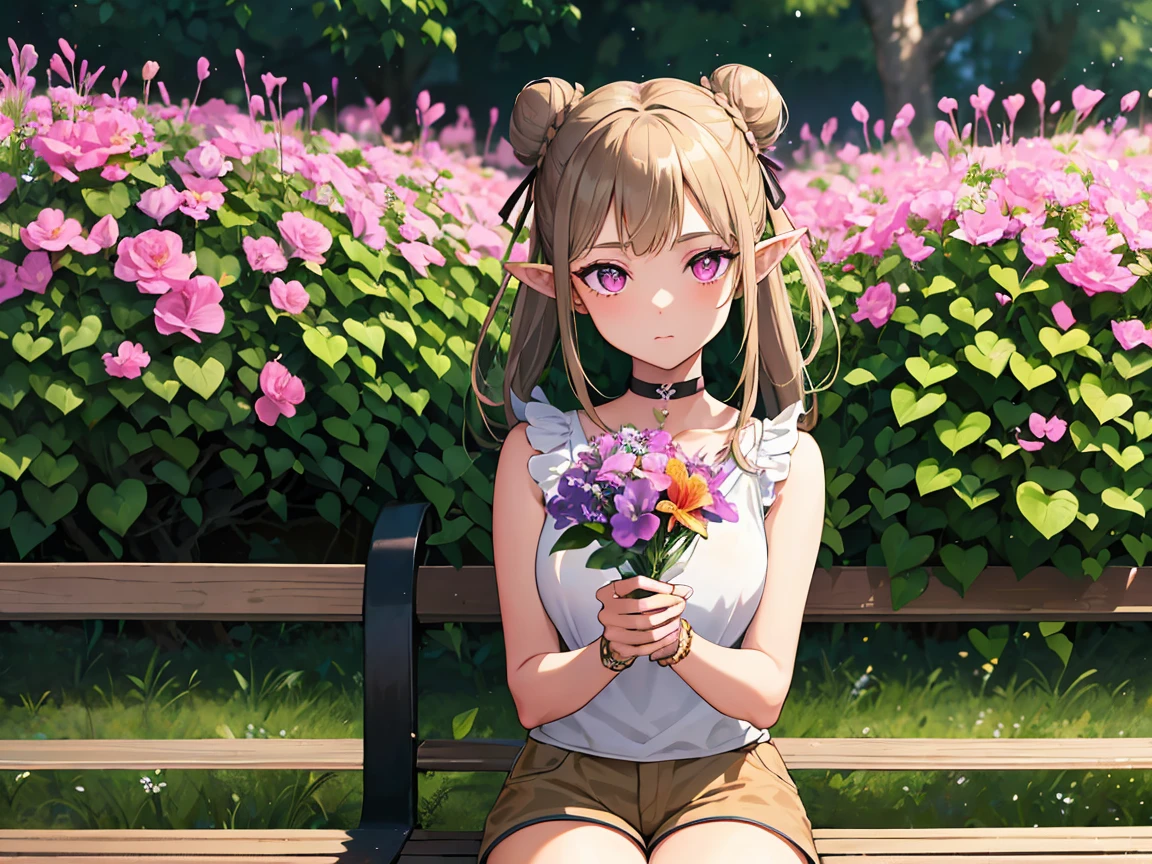 light brown hair, double bun, pointy ears, bright pupils, sparkle, masterpiece, textured skin, super detail, high details, best quality, high quality, highres, elf, beautiful lady, Choker, sleeveless T-shirt, shorts, surrounded by flowers, background (roses, hibiscus, lilies, Adiantum, violets), Casual clothes, bracelets, holding a bouquet in her hands, embracing a bouquet, at garden, Sit on a bench