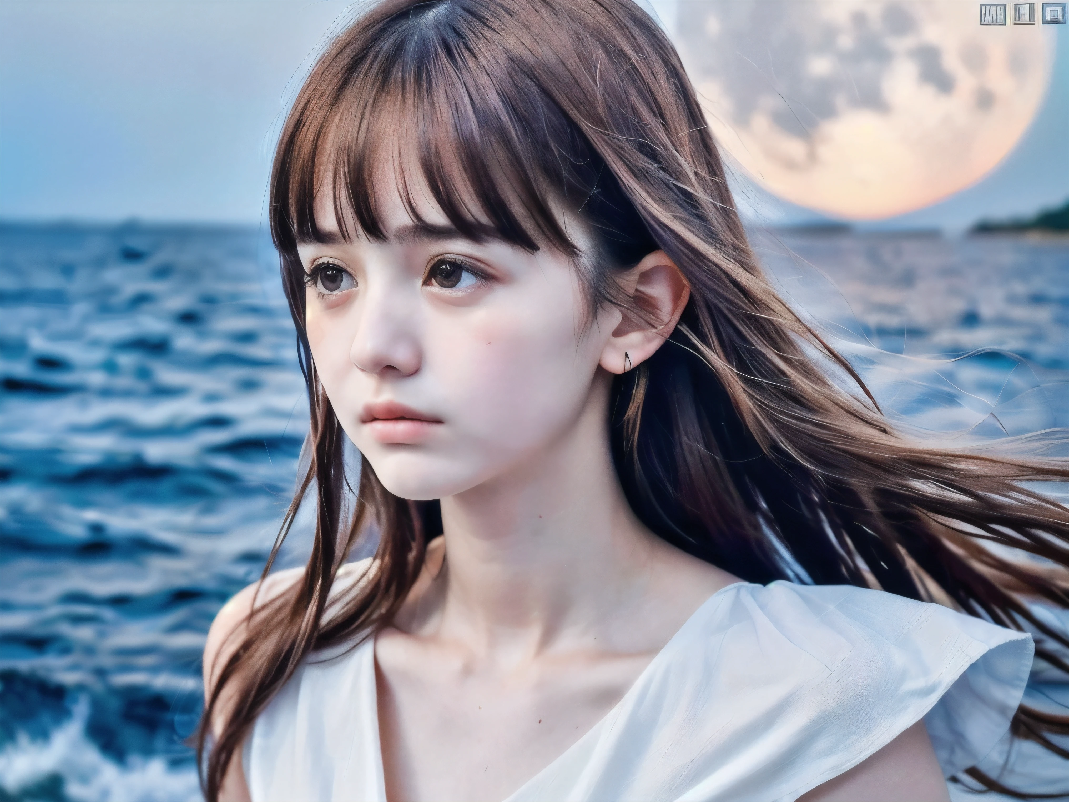 (Close up face shot of slender small-breasted red brown wavy long hair with dull bangs girl wearing a white summer dress:1.5)、(One girl is turn around and crying face with tears at the cape of the sea in Japan:1.5)、(Beautiful midnight with full moon and stars on the sea:1.5)、(blurred background:1.5)、(Natural light:1.5)、(8k ultra detailed master piece:1.5)、(perfect anatomy:1.5)、(Photorealistic stick:1.5)、(Raw photo:1.3)、(highest quality:1.5)、(High resolution:1.3)、(Delicate and beautiful perfect face:1.3)、(Delicate and beautiful eye air skin:1.3)、(Real Human Skin:1.3)、((thin legs))