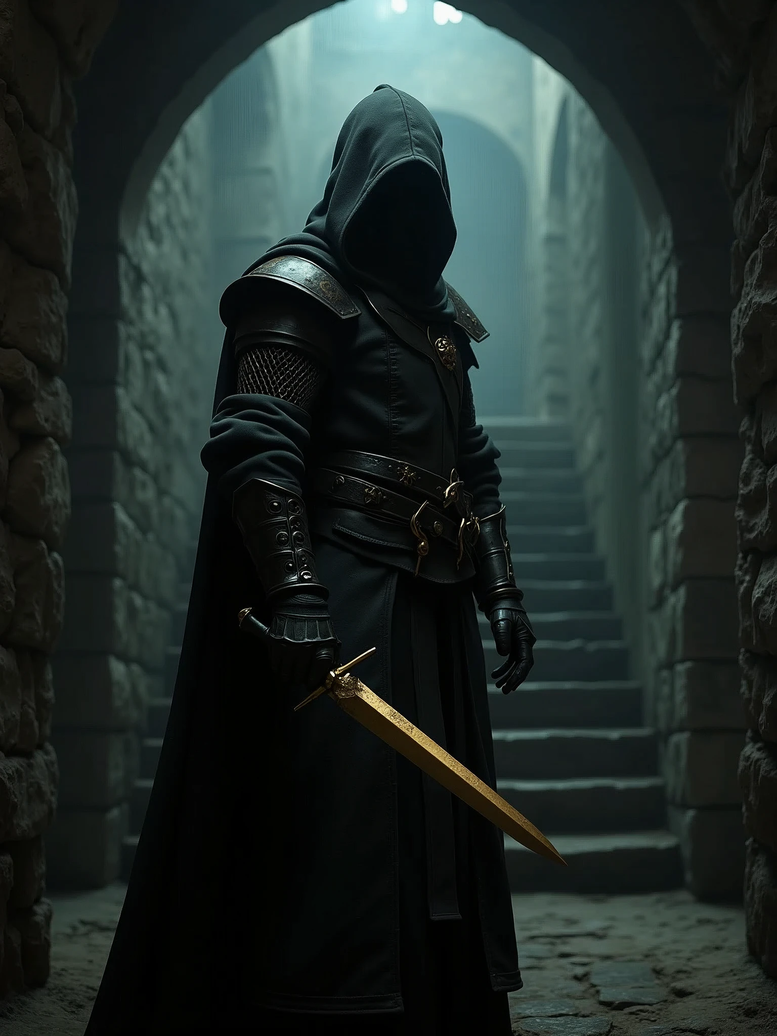 (masterpiece:1.2), (best quality:1.2), 8k, HDR, ultra detailed, ((photorealistic)), professional light, cinematic lighting, fashion photography, ambient lighting, background, a dark medieval dungeon, Darkness, epiCPhoto, fire, stairs, A thief in cloth armor, holding a golden dagger in both hands.