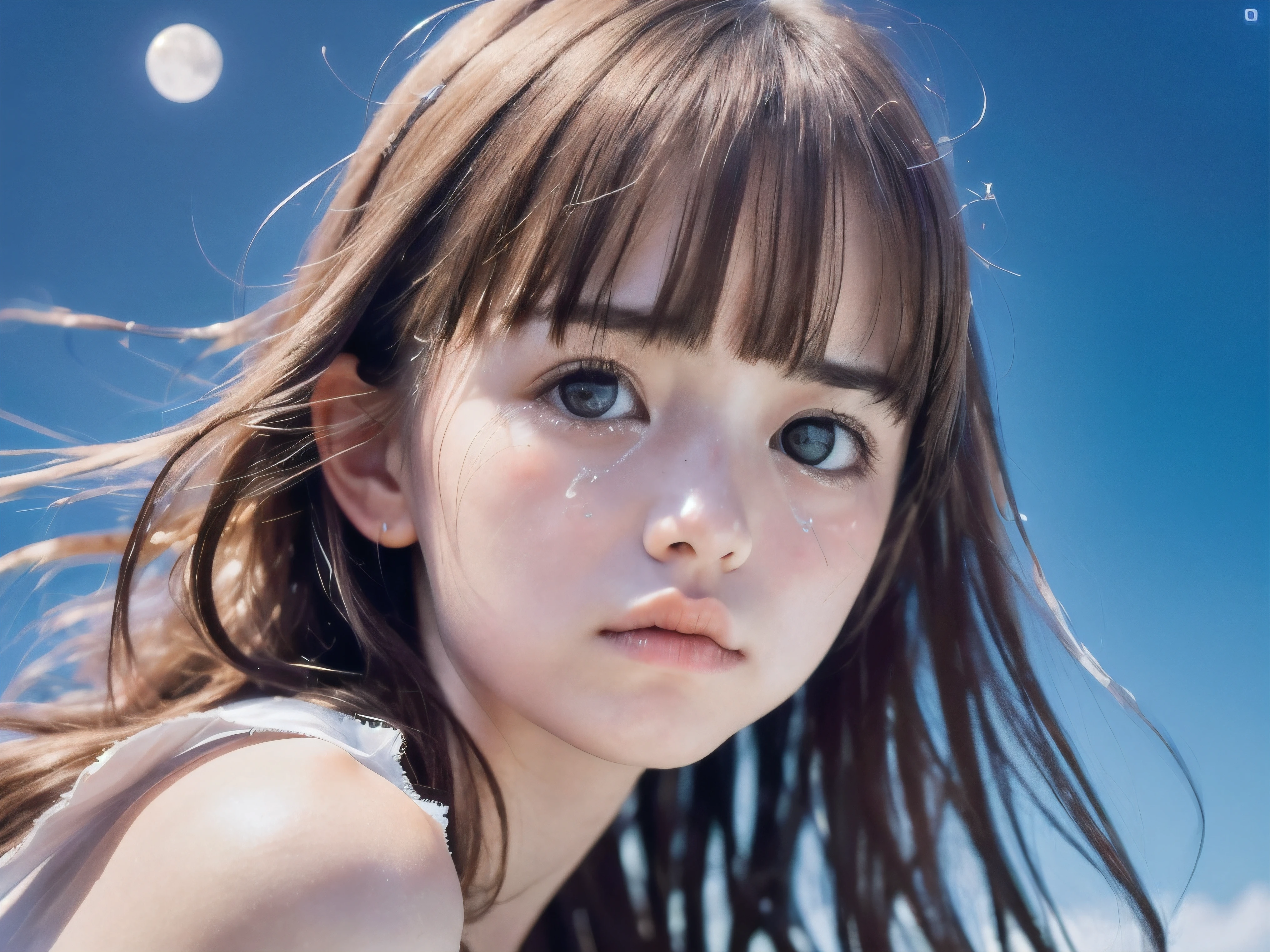 (Close up face shot of slender small-breasted red brown wavy long hair with dull bangs girl wearing a white summer dress:1.5)、(One girl is turn around and crying face with tears at the cape of the sea in Japan:1.5)、(Beautiful midnight with full moon and stars on the sea:1.5)、(blurred background:1.5)、(Natural light:1.5)、(8k ultra detailed master piece:1.5)、(perfect anatomy:1.5)、(Photorealistic stick:1.5)、(Raw photo:1.3)、(highest quality:1.5)、(High resolution:1.3)、(Delicate and beautiful perfect face:1.3)、(Delicate and beautiful eye air skin:1.3)、(Real Human Skin:1.3)、((thin legs))