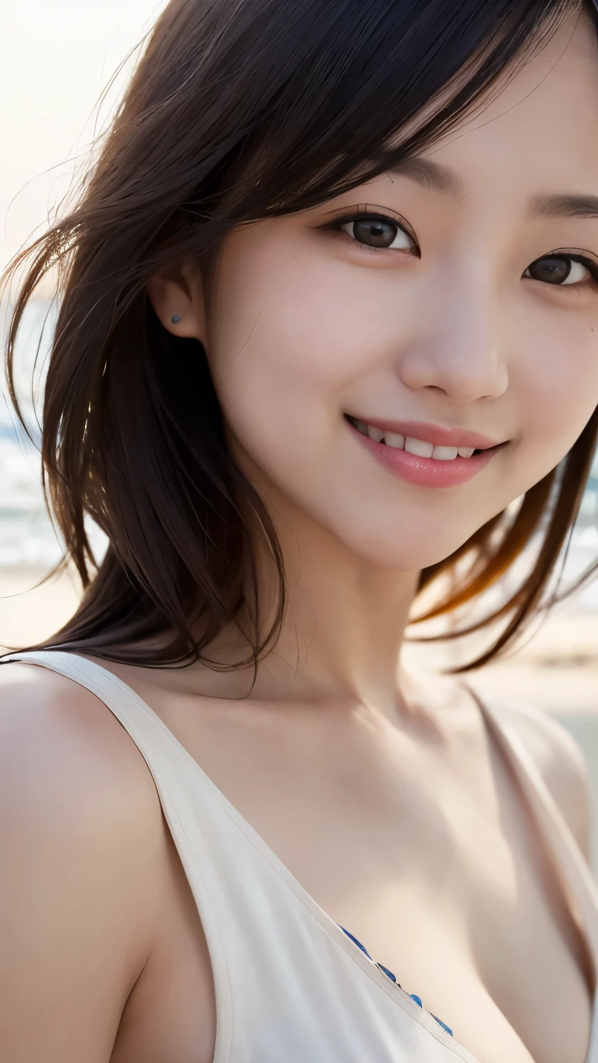 (RAW Photos, Highest quality), (Realistic, Photorealistic:1.3), masterpiece, Very delicate and beautiful, Soft Light, Beautiful detailed girl, 1 girl, Japanese, Pure beauty, cute, young, smile, Beach,sexy