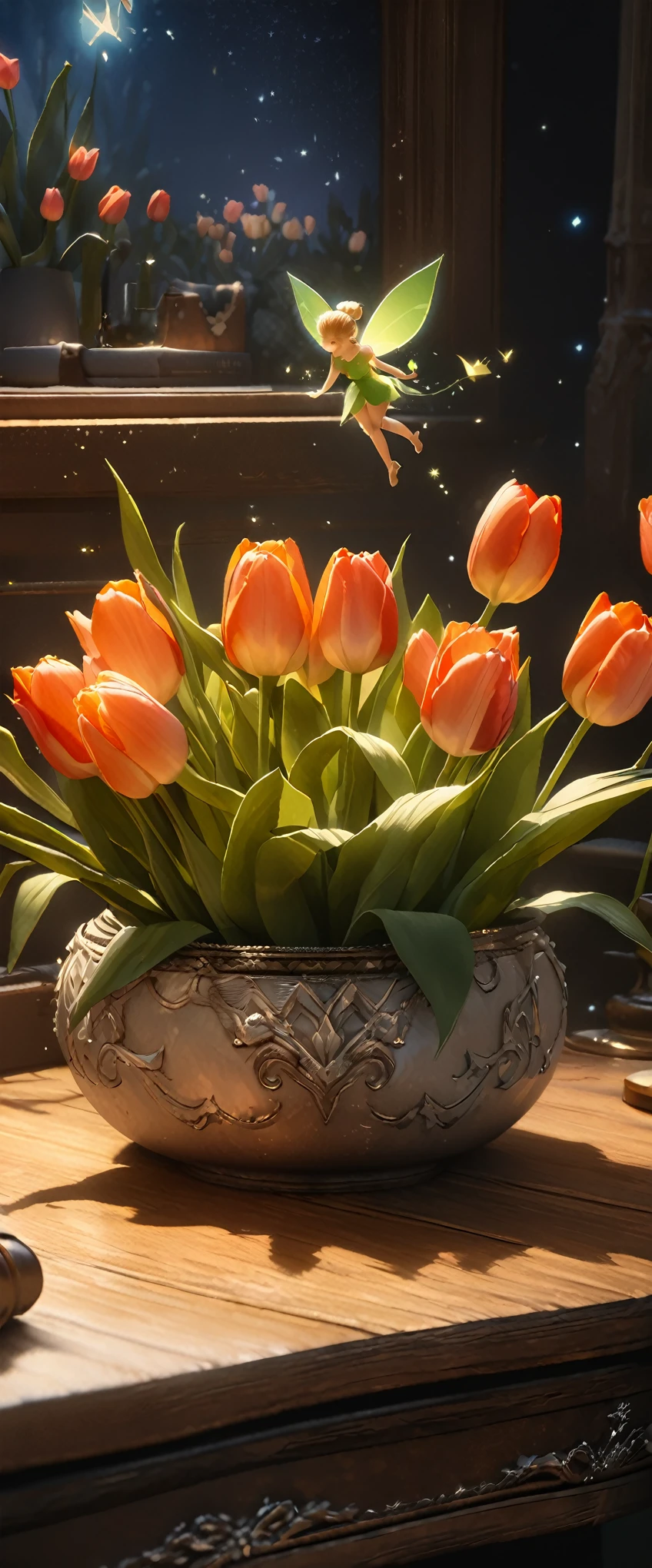 (8k, Highest quality, masterpiece: 1.2), (Realistic: 1.37), Very detailed, Close-up, (Tinkerbell and Tulips:1.2), vase１Tulip flowers on a desk, , , Small faint lights, flying fairies, night, , Intricate details, Splash screen, 