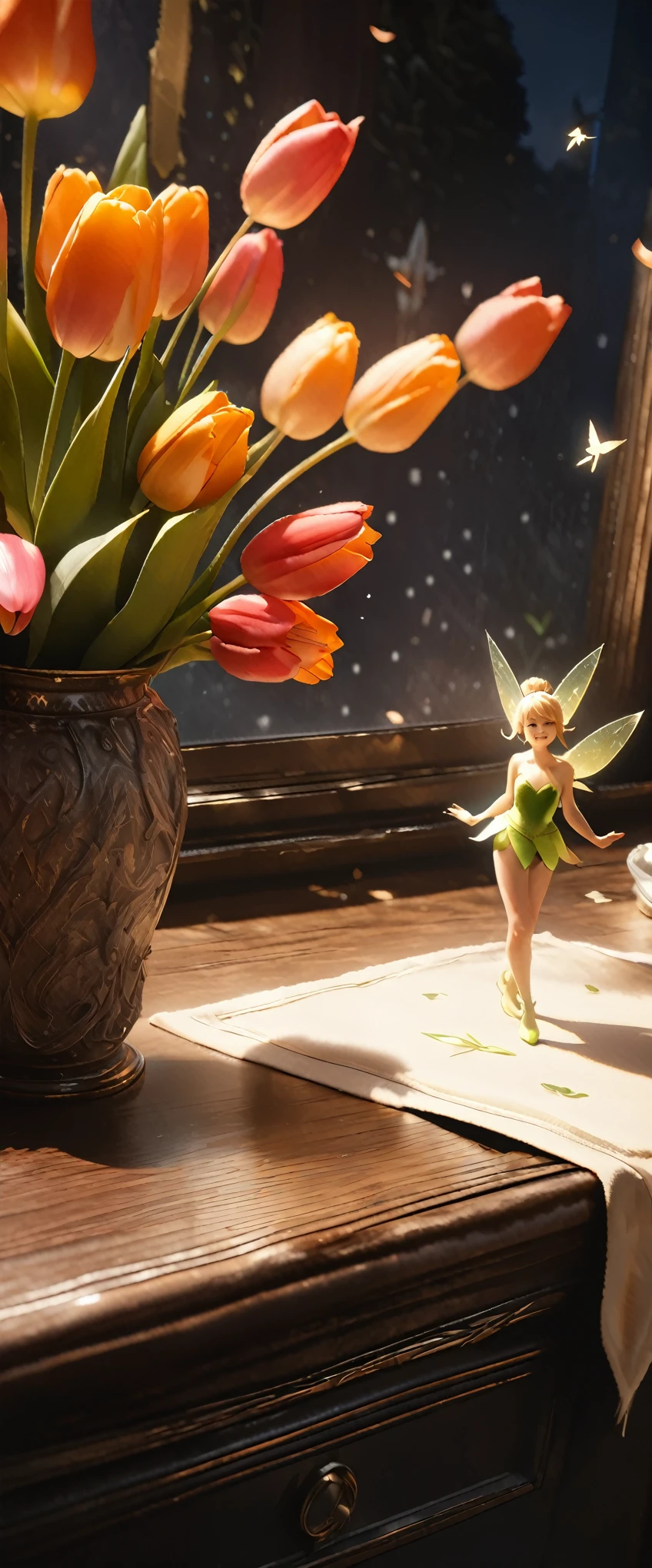 (8k, Highest quality, masterpiece: 1.2), (Realistic: 1.37), Very detailed, Close-up, (Tinkerbell and Tulips:1.2), vase１Tulip flowers on a desk, , , Small faint lights, flying fairies, night, , Intricate details, Splash screen, 