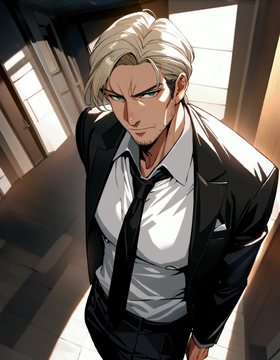 1man, veteran spy agent, handsome mature, business hair with asymmetrical bangs, narrow stubble, green platina blond hair, emerald eyes, 45yo, charming caucasian, ordinary uncle, pentagon shaped, BREAK ideal ratio body proportions, middle weight muscular, beautiful detailed eyes, dark iris, BREAK solo, businessman in black suit, black necktie, white shirt, softly smile, at wall street, detailed background, BREAK upperlegs, dandy posing, dramatic expression, 2000s, visual novel, in newest eroge style, dutch angle, cinematic shadows, cinematic lighting, lens flare, light leaks, texture, absurdres absolutely resolution, extreme all detailed, masterpiece, best quality