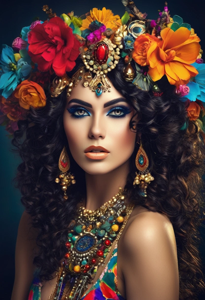 Beautiful stunning woman adorned with ornaments, colorful jewelry and clothing that appears to be inspired by"gypsy person" styled. She has a lot of time, dark curly hair with flowers stuck in it. Your makeup emphasizes your eyes, and she's wearing big clothes, dangling earrings and various necklaces with colorful beads and pendants. Women's clothing includes vibrant fabrics with prints. The overall aesthetic is very bohemian and romantic, evoking a free spirit, nomadic culture. The lighting in the image is warm, giving you a rich, golden shine that enhances the romantic atmosphere.woman adorned with ornaments, colorful jewelry and clothing that appears to be inspired by Romani or "gypsy person" styled. She has a lot of time, dark curly hair with flowers stuck in it. Your makeup emphasizes your eyes, and she's wearing big clothes, dangling earrings and various necklaces with colorful beads and pendants. Women's clothing includes vibrant fabrics with prints. The overall aesthetic is very bohemian and romantic, evoking a free spirit, nomadic culture. The lighting in the image is warm, giving you a rich, golden shine that enhances the romantic atmosphere.