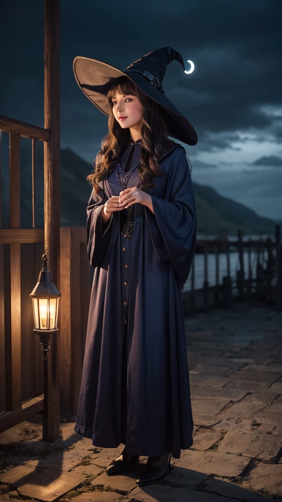 “A realistic depiction of a witch in a dark blue robe and a pointed hat, standing under a crescent moon. The scene is set at night with a cloudy sky, but with a brighter and more cheerful atmosphere. The witch has long, wavy dark hair and a gentle expression. The environment should feel more magical and inviting, with soft glowing lights and a slightly illuminated sky. The image is in a 9:16 aspect ratio.”おばあちゃん