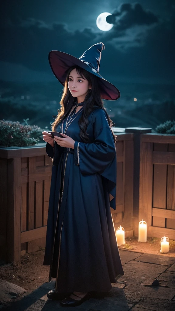 “A realistic depiction of a witch in a dark blue robe and a pointed hat, standing under a crescent moon. The scene is set at night with a cloudy sky, but with a brighter and more cheerful atmosphere. The witch has long, wavy dark hair and a gentle expression. The environment should feel more magical and inviting, with soft glowing lights and a slightly illuminated sky. The image is in a 9:16 aspect ratio.”おばあちゃん