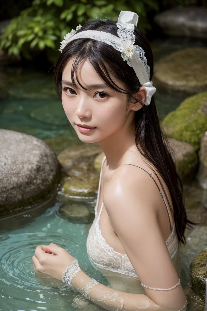 Highest quality, masterpiece, Ultra-high resolution, Supermodels bathing in Japanese hot springs, Outdoor hot spring, Stone hot spring, Moss and tree々Surrounded by, Super beautiful face, Pure Body, I can see my pores, (smile:0.8), Wearing split (Lace Headband:1.2), (realism:1.5), Original photo, Soaking wet, Sweaty, Exposing shoulders, In the Dark, Deep Shadow, Low Key, Cold Light