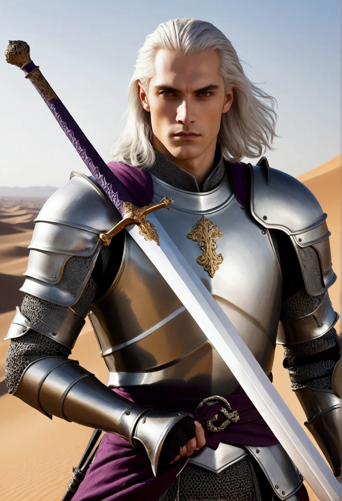 Gerold is a knight in his late twenties. A handsome man, he has a clean-shaven face with an aquiline nose, high cheekbones, dark purple eyes, and a strong jaw. Gerold has half long thick silver hair, divided by a streak of black. Gerold is a cruel man with angry eyes. He is lightly armored and carries a long sword. Background: a desert