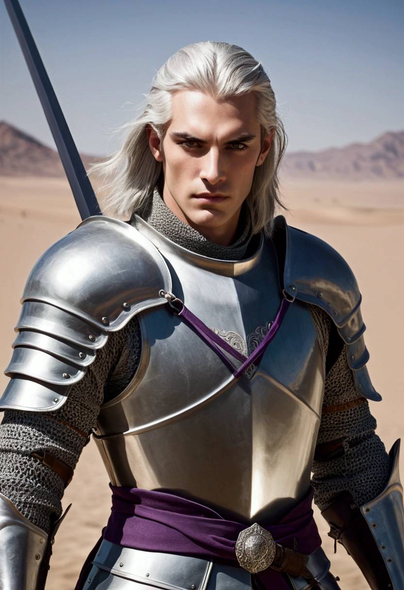 Gerold is a knight in his late twenties. A handsome man, he has a clean-shaven face with an aquiline nose, high cheekbones, dark purple eyes, and a strong jaw. Gerold has half long thick silver hair, divided by a streak of black. Gerold is a cruel man with angry eyes. He is lightly armored and carries a long sword. Background: a desert