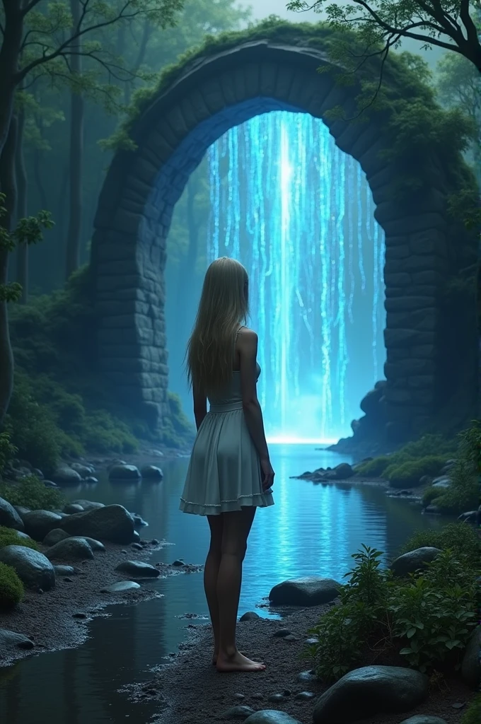 (Highly realistic image), Fantasy scene, Centerpiece, masterpiece, Ultra detailed, High quality, 4k, complex, expert, Center, (volumetric lighting), beautiful, dark masterpiece, (ultra detailed landscape ), (sharp landscape), (sharp image), (dark scene), (dark atmosphere). (1 pretty girl alone), sublime German, 25 years old, long and straight hair, (blond hair:1.5), hair in front of her eyes, (blue eyes), (skinny body), small ass, (big round breasts, huge tits), fine face, (seductive smile), luscious red lips, (large gold hoop earrings), she wears a (short tight-fitting silk dress), (white dress:1.5), (bare legs), (bare arms), (bare stomach), (deep neckline). (standing in front of one of the uprights of the stone arch, inside a forest where a small river flows, between the trees we see a stone arch inside which there is a portal to the underworld, the portal is powered by glowing filaments of blue mana:1.5). (View viewer), (low angle), (cowboy shot), (sensual dynamic pose), (perfect body), (perfect anatomy), (perfect hand),Nice legs and hot body, more detail

