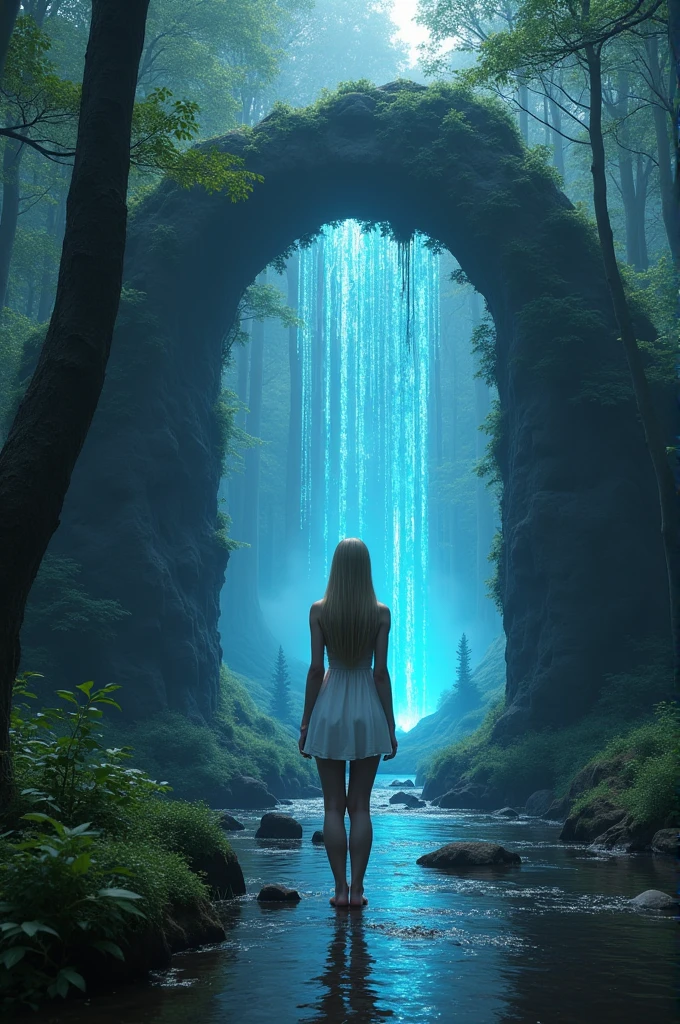 (Highly realistic image), Fantasy scene, Centerpiece, masterpiece, Ultra detailed, High quality, 4k, complex, expert, Center, (volumetric lighting), beautiful, dark masterpiece, (ultra detailed landscape ), (sharp landscape), (sharp image), (dark scene), (dark atmosphere). (1 pretty girl alone), sublime German, 25 years old, long and straight hair, (blond hair:1.5), hair in front of her eyes, (blue eyes), (skinny body), small ass, (big round breasts, huge tits), fine face, (seductive smile), luscious red lips, (large gold hoop earrings), she wears a (short tight-fitting silk dress), (white dress:1.5), (bare legs), (bare arms), (bare stomach), (deep neckline). (standing in front of one of the uprights of the stone arch, inside a forest where a small river flows, between the trees we see a stone arch inside which there is a portal to the underworld, the portal is powered by glowing filaments of blue mana:1.5). (View viewer), (low angle), (cowboy shot), (sensual dynamic pose), (perfect body), (perfect anatomy), (perfect hand),Nice legs and hot body, more detail