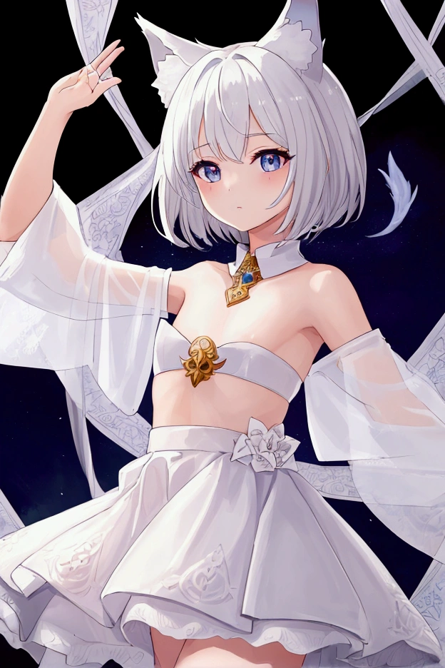 (( Highest quality)), ((masterpiece)), (detailed), ２girl　girl, cute　Five fingers　Small wolf ears　White short hair petite　Normal chest　first round　Dancer in white clothes　The background is a fantasy world theater