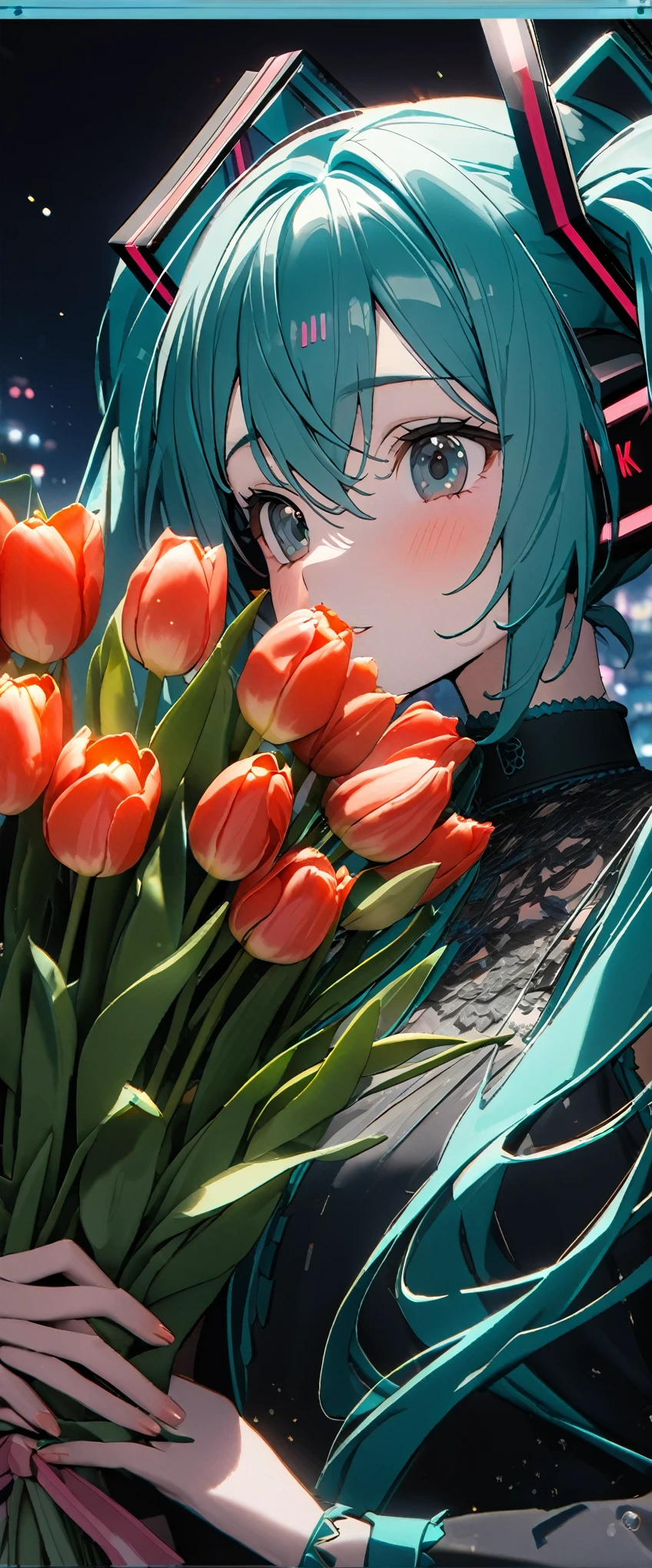 (8k, Highest quality, masterpiece: 1.2), (amime: 1.37), Very detailed, Close-up, (Hatsune Miku in a bridal outfit holding a bouquet of tulips:1.2),, , , Small faint lights, night, , Intricate details, Splash screen, Gorgeous church, Stained glass