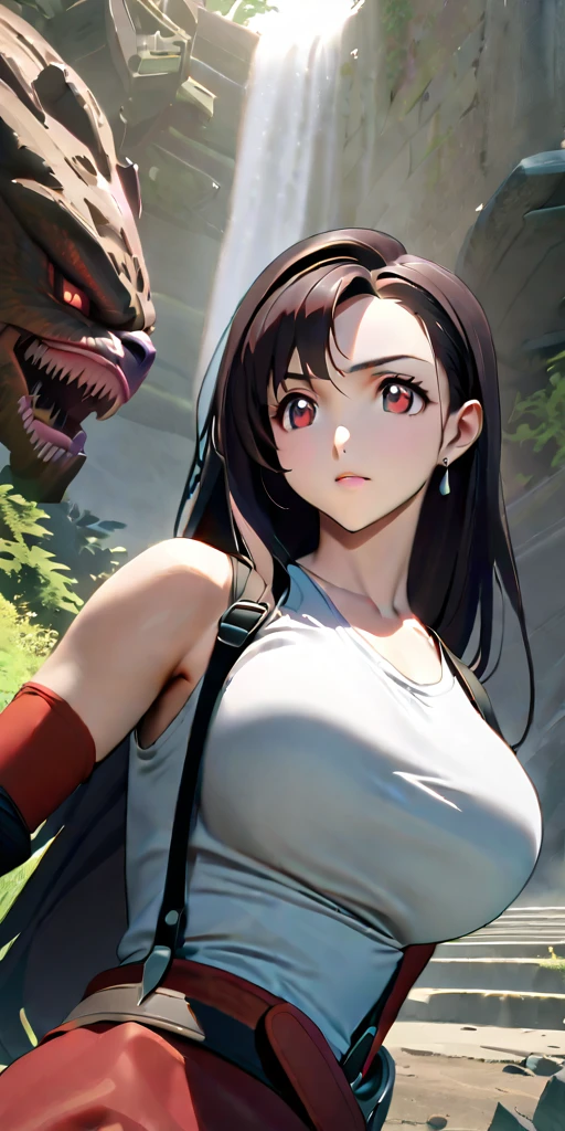 (((((tifa lockhart,Final Fantasy 7:1.5))))),((Highest quality、masterpiece、anime style、best quality、high resolution、8k、detailed、ultra-detailed:1.3))、Long legs:1.2, Beautiful woman with perfect figure:1.4、(Smiling:1.2), double eyelid、30-year-old female、((((One Woman,beautiful face,Beautiful face、Outdoor,upper body:1.5)))),Big Breasts、High resolution, accurate, Anatomically correct, High-resolution model, high quality, Very detailed, Ultra high definition、Black Hair、Straight Hair、Long Hair,赤いオープンフィンガーグローブ,battle,monster,ファイティングポーズ