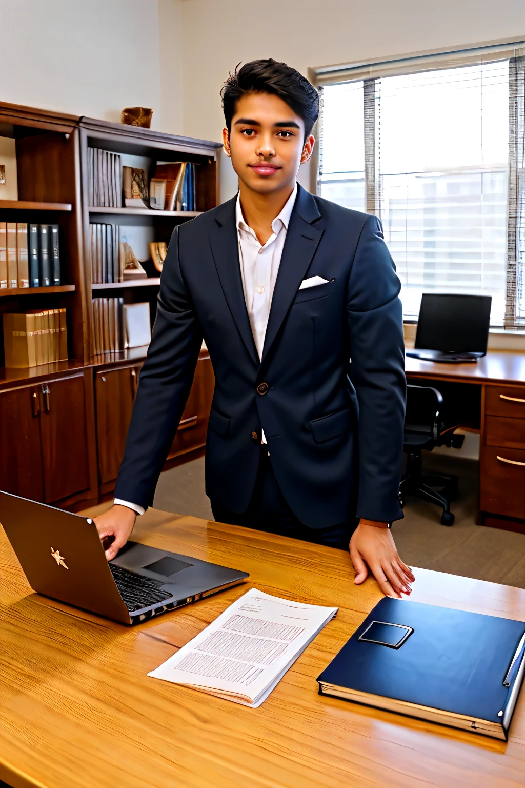 Create a realistic and aesthetic image of a 25-year-old men Indian lawyer. The lawyer should be good-looking, with a confident and approachable demeanor. They should be dressed in professional attire, such as a tailored suit and tie, and standing in a well-organized office or law library setting. The background should include shelves filled with law books and a desk with a laptop open to the "I Love Law" website. The lawyer should be holding a book titled "Mastering Law: Essential Texts for Students" and smiling, conveying trust and expertise. The overall atmosphere should be professional yet inviting, appealing to college law students. The image should include the text: "Timeless Knowledge with Affordable Prices – Visit ILoveLaw.com today!