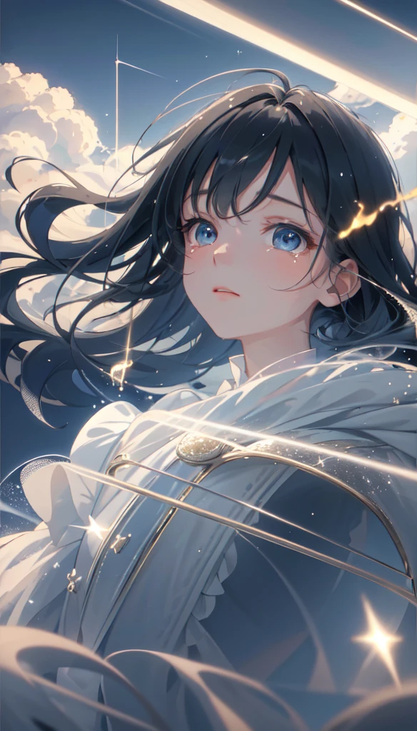 masterpiece, Highest quality, Movie stills, One girl, Floating in the sky, cloud girl, cloud, (close:1.1), , Soft lighting, Volumetric lighting, Bauhaus, shape, OK, Sparkling, Sparkling, Swirl, Abstract, Expressive、tears、One girl, solo,Long Hair, 