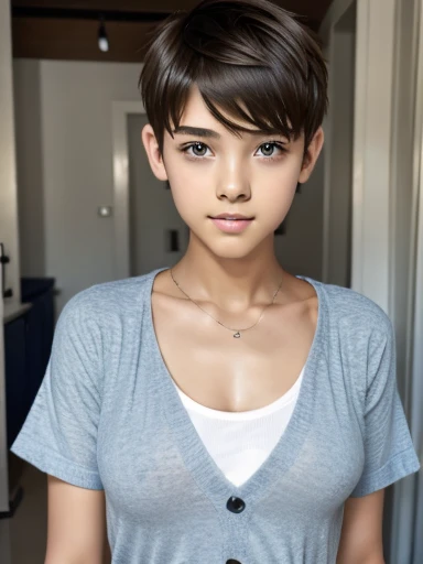 A beautiful and slim girl with short hair. Tomboy hair style. Breast can be seen.