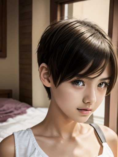 A  beautiful and slim girl with short hair. Tomboy hair style. Breast can be seen.