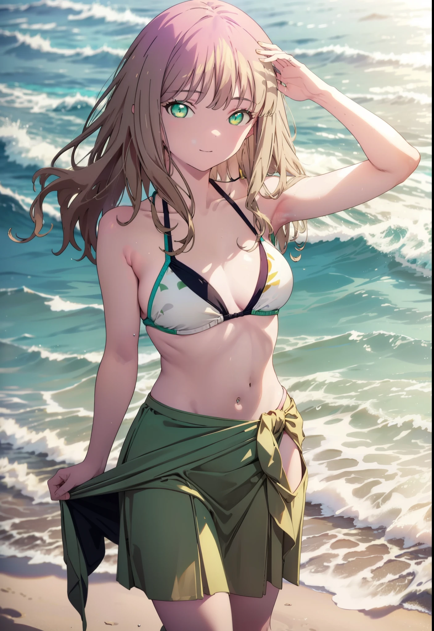 minami yume ,sss Dynazenon ,Long Hair, Brown Hair, (Green Eyes:1.5) ,smile,Open your mouth,Medium Breast,Flower Hair Ornaments,Black bikini string swimsuit,A thin long skirt is wrapped around her waist,barefoot,Daytime,Clear skies,Sandy Beachを散歩している,
break looking at viewer, whole body,(Cowboy Shot:1. 5),
break outdoors, Beach,Sandy Beach,
break (masterpiece:1.2), Highest quality, High resolution, unity 8k wallpaper, (shape:0.8), (Beautiful and beautiful eyes:1.6), Highly detailed face, Perfect lighting, Extremely detailed CG, (Perfect hands, Perfect Anatomy),