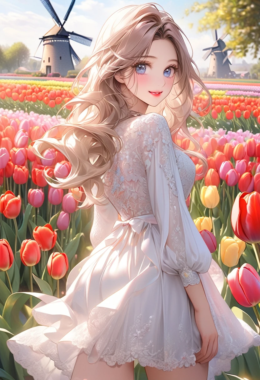 cute girl at colorful tulip fields, windmills, Standing in a beautiful posing, gently smile, flowing hair, beautiful delicate(hair,face,eyes,pupils,white dress,thigh,knee,tulips), sparkling eyes, shining lips, behind view, view back, view below, masterpiece:1.2,highest quality, highres, 16k, hyper-realistic, photo realistic:1.37, super detailed, pastel tone, tulip fields foreground