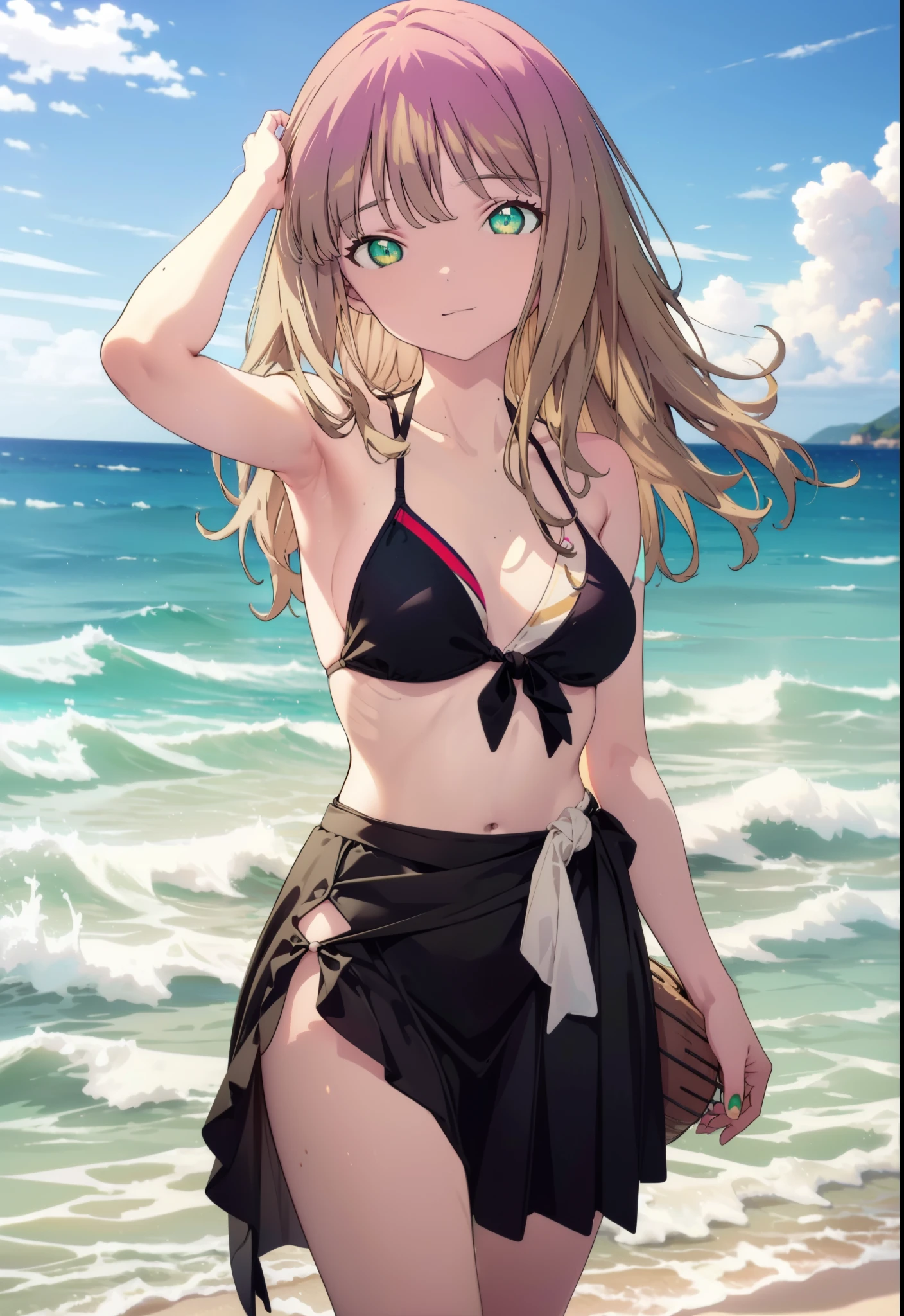 minami yume ,sss Dynazenon ,Long Hair, Brown Hair, (Green Eyes:1.5) ,smile,Open your mouth,Medium Breast,Flower Hair Ornaments,Black bikini string swimsuit,A thin long skirt is wrapped around her waist,barefoot,Daytime,Clear skies,Sandy Beachを散歩している,
break looking at viewer, whole body,(Cowboy Shot:1. 5),
break outdoors, Beach,Sandy Beach,
break (masterpiece:1.2), Highest quality, High resolution, unity 8k wallpaper, (shape:0.8), (Beautiful and beautiful eyes:1.6), Highly detailed face, Perfect lighting, Extremely detailed CG, (Perfect hands, Perfect Anatomy),
