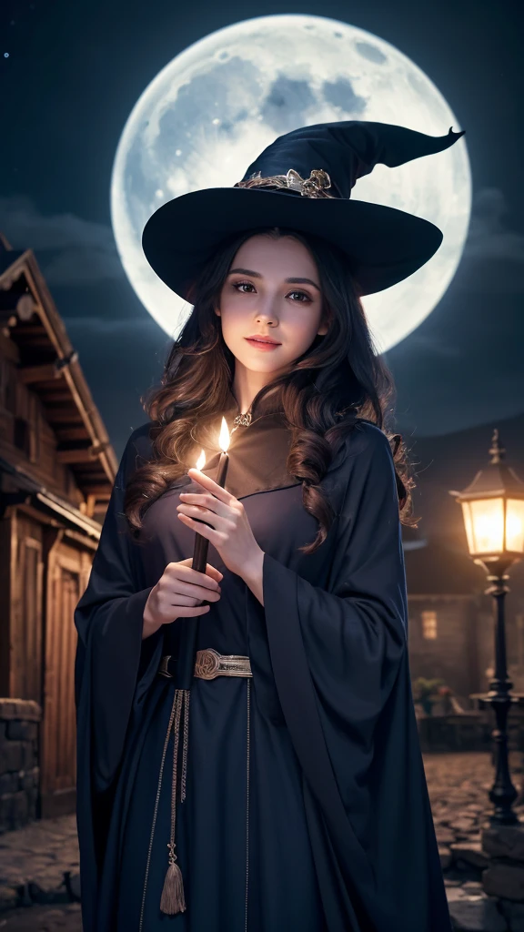 “A realistic depiction of a witch in a dark blue robe and a pointed hat, grandmather,standing under a crescent moon. The scene is set at night with a cloudy sky, but with a brighter and more cheerful atmosphere. The witch has long, wavy dark hair and a gentle expression. The environment should feel more magical and inviting, with soft glowing lights and a slightly illuminated sky. The image is in a 9:16 aspect ratio high resolution, Symmetrical, Symmetrical, Symmetrical,