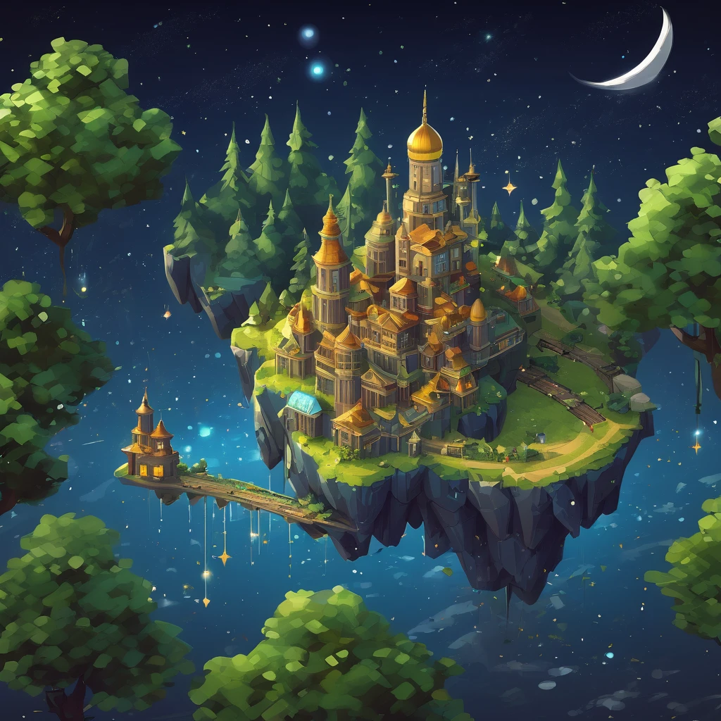 ((masterpiece, best quality)), absurdres, Isometric_Setting, woods, forest, (floating city, metropolis), tiny mountains, grassfield, space and stars background
