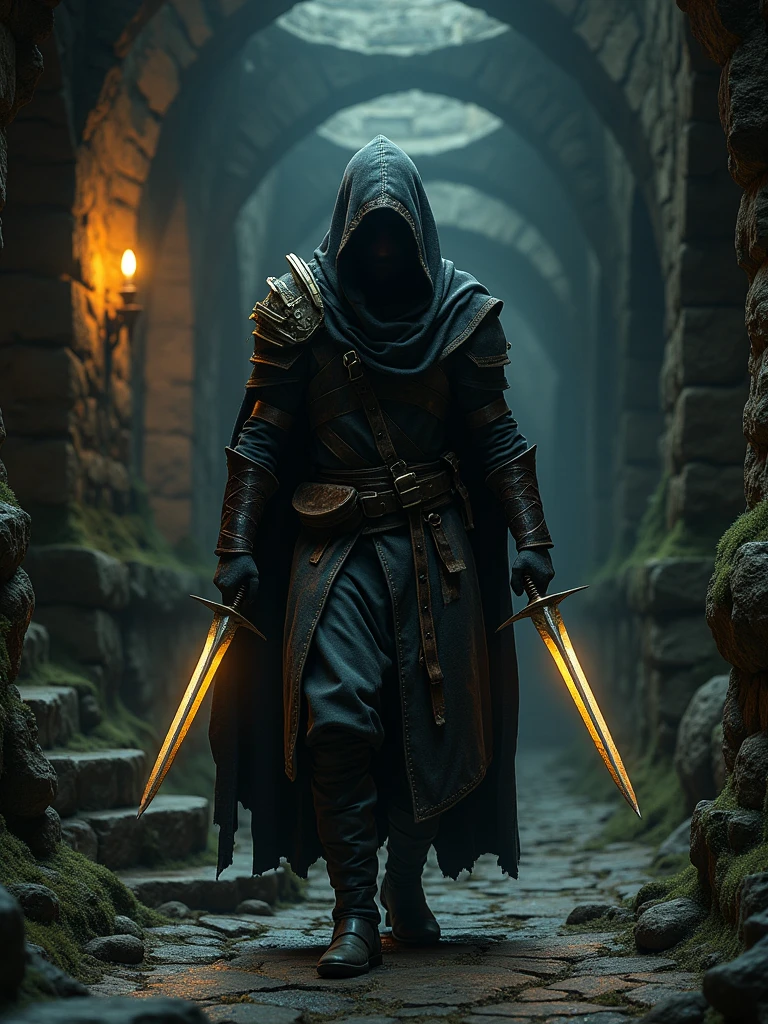 (masterpiece:1.2), (best quality:1.2), 8k, HDR, ultra detailed, ((photorealistic)), professional light, cinematic lighting, fashion photography, ambient lighting, background, a dark medieval dungeon, Darkness, epiCPhoto, fire, stairs, A thief in cloth armor, holding golden dagger in each hands.