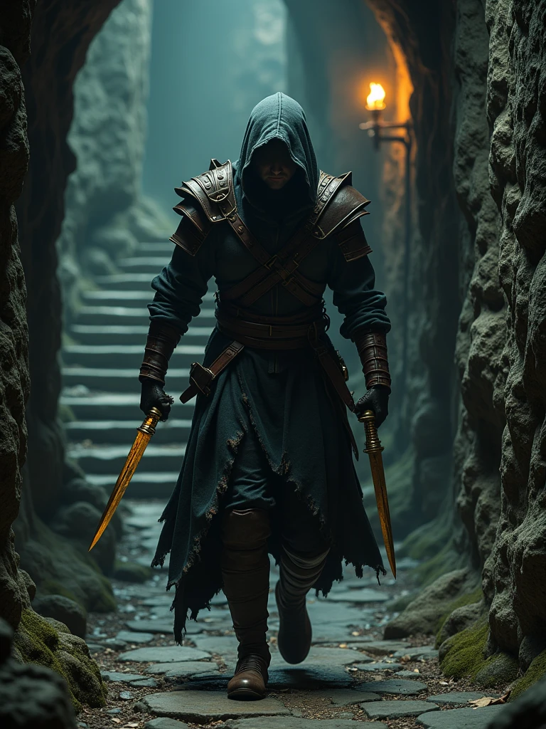 (masterpiece:1.2), (best quality:1.2), 8k, HDR, ultra detailed, ((photorealistic)), professional light, cinematic lighting, fashion photography, ambient lighting, background, a dark medieval dungeon, Darkness, epiCPhoto, fire, stairs, A thief in cloth armor, holding golden dagger in each hands.