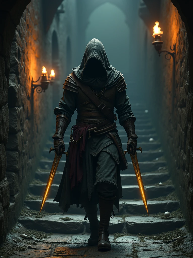 (masterpiece:1.2), (best quality:1.2), 8k, HDR, ultra detailed, ((photorealistic)), professional light, cinematic lighting, fashion photography, ambient lighting, background, a dark medieval dungeon, Darkness, epiCPhoto, fire, stairs, A thief in cloth armor, holding golden dagger in each hands.