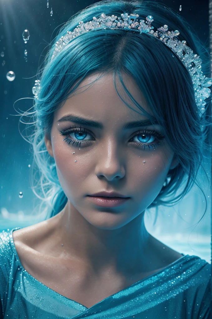 In pools of cerulean deep, a world resides,
A giant eye, where truth and sorrow hides.
Long lashes frame a universe of pain,
A woman trapped, her tears like falling rain.